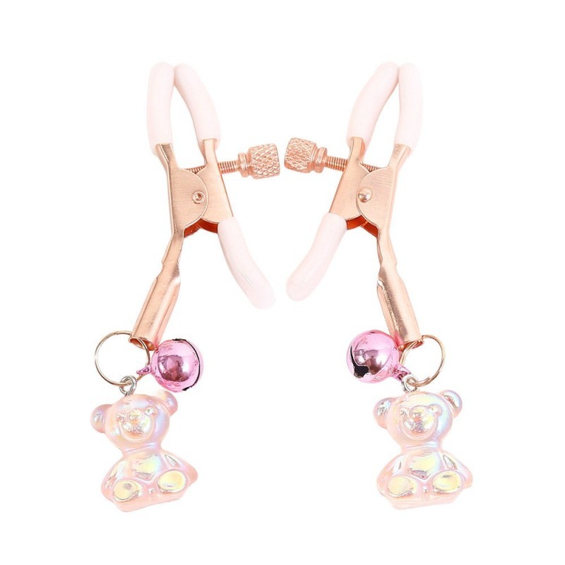 PINZAS PARA PEZONES ORO ROSA Y ROSA PASTEL CON OSITOS Y CASCABELES